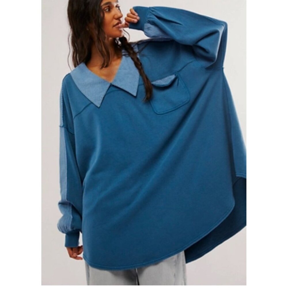 Free‎ People Madeleine Sweatshirt oversized 90s blue stripes